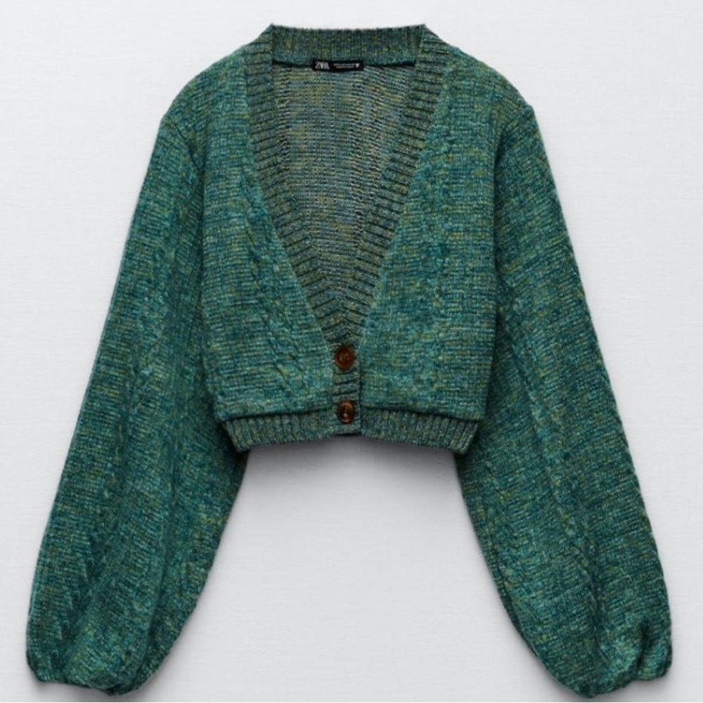 Zara Cropped Chunky Cardigan in Teal Green
